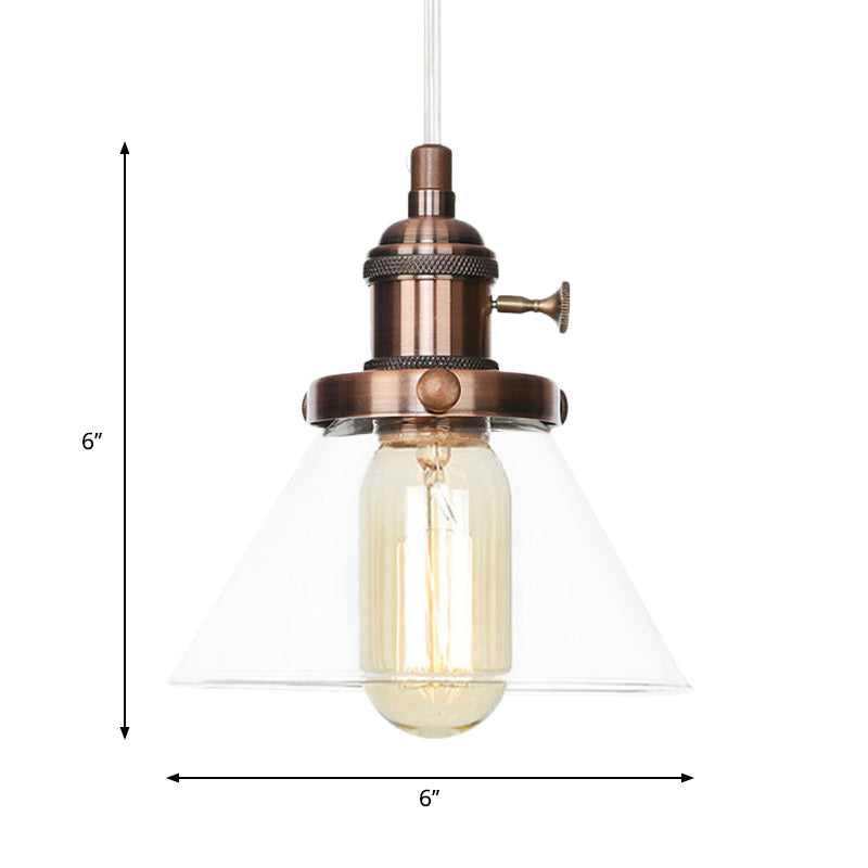 Vintage Style Conical Hanging Pendant Light Fixture - Amber/Clear Glass And Metal 1 Head Kitchen