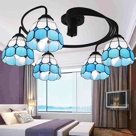Tiffany Vintage Stained Glass Semi Flush Light Fixture - 3/5-Light Bowl Design For Bedroom Décor In