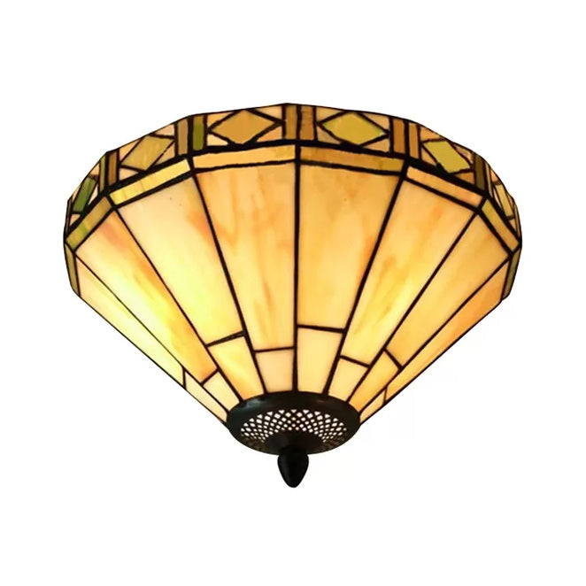White Stained Glass Ceiling Light 2-Light Medium Flush Mount With Tiffany Style Cone Shade
