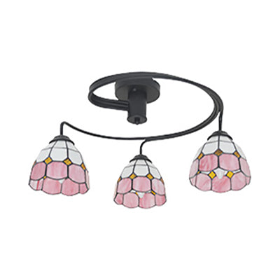 Tiffany Vintage Stained Glass Semi Flush Light Fixture - 3/5-Light Bowl Design For Bedroom Décor In