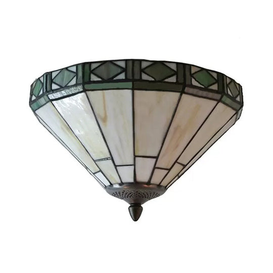 White Stained Glass Ceiling Light 2-Light Medium Flush Mount With Tiffany Style Cone Shade