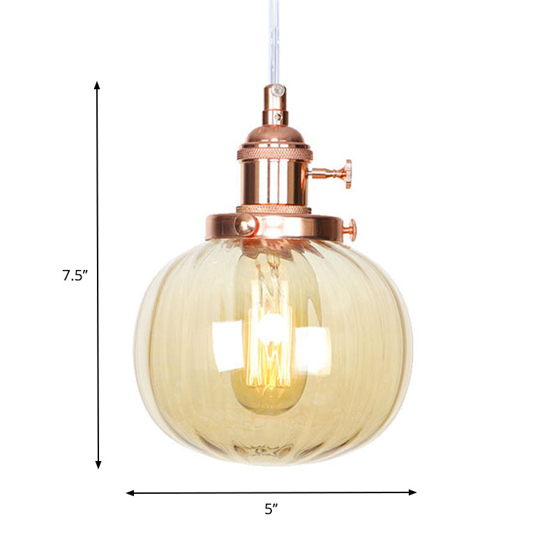 Vintage Style Amber/Clear Ridged Glass Pendant Light Fixture - 1 Adjustable Living Room Ceiling