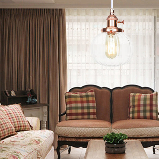 Vintage Style Amber/Clear Ridged Glass Pendant Light Fixture - 1 Adjustable Living Room Ceiling