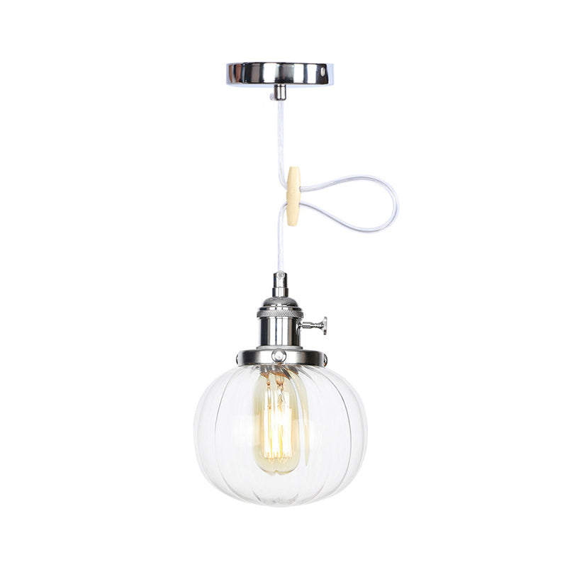 Vintage Style Amber/Clear Ridged Glass Pendant Light Fixture - 1 Adjustable Living Room Ceiling