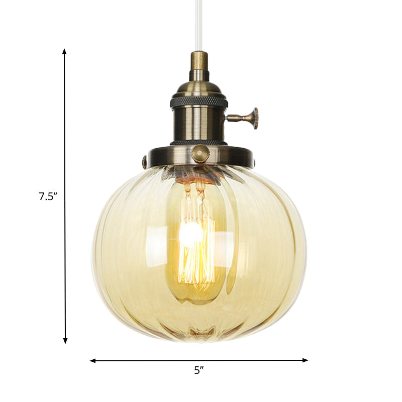 Vintage Style Amber/Clear Ridged Glass Pendant Light Fixture - 1 Adjustable Living Room Ceiling