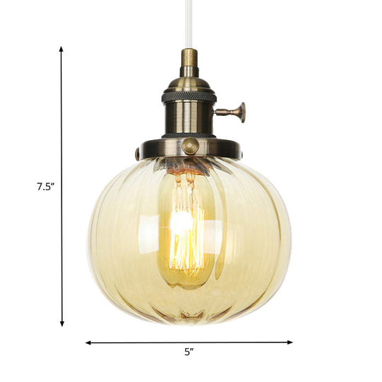 Vintage Style Amber/Clear Ridged Glass Pendant Light Fixture - 1 Adjustable Living Room Ceiling