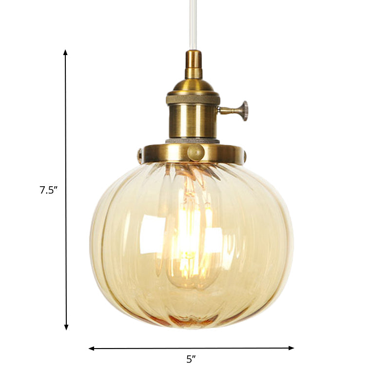 Vintage Style Amber/Clear Ridged Glass Pendant Light Fixture - 1 Adjustable Living Room Ceiling