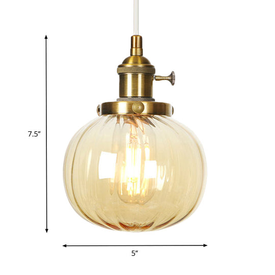 Vintage Style Amber/Clear Ridged Glass Pendant Light Fixture - 1 Adjustable Living Room Ceiling