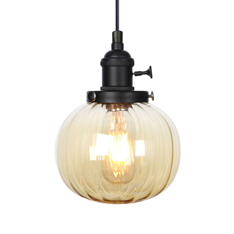 Vintage Style Amber/Clear Ridged Glass Pendant Light Fixture - 1 Adjustable Living Room Ceiling