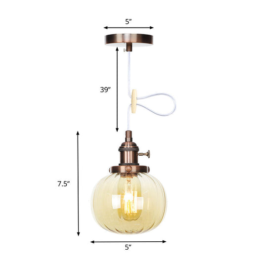Vintage Style Amber/Clear Ridged Glass Pendant Light Fixture - 1 Adjustable Living Room Ceiling