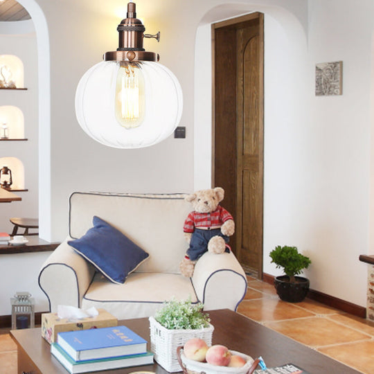 Vintage Style Amber/Clear Ridged Glass Pendant Light Fixture - 1 Adjustable Living Room Ceiling