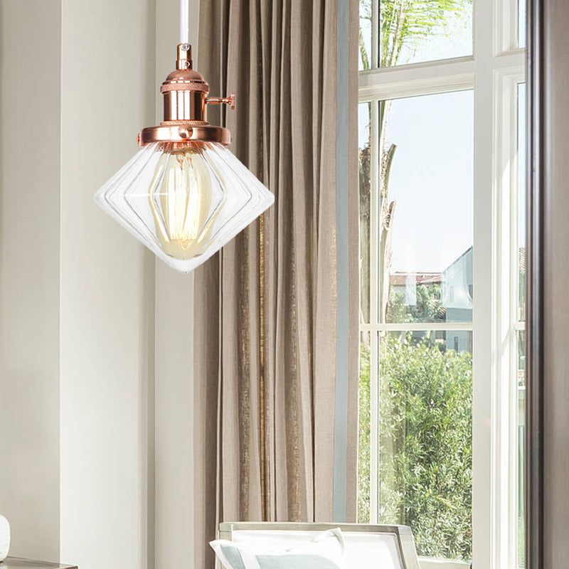 Adjustable Height Industrial Pendant Light With Diamond Glass Shade - Black/Bronze/Brass Finish