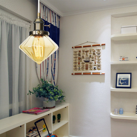 Adjustable Height Industrial Pendant Light With Diamond Glass Shade - Black/Bronze/Brass Finish