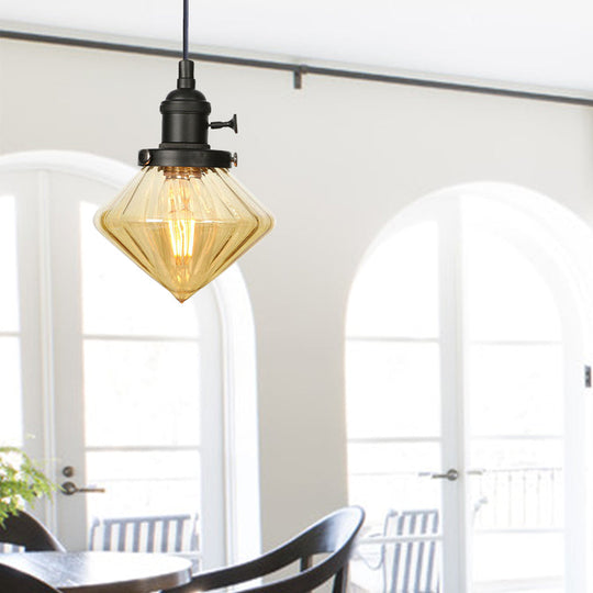 Adjustable Height Industrial Pendant Light With Diamond Glass Shade - Black/Bronze/Brass Finish