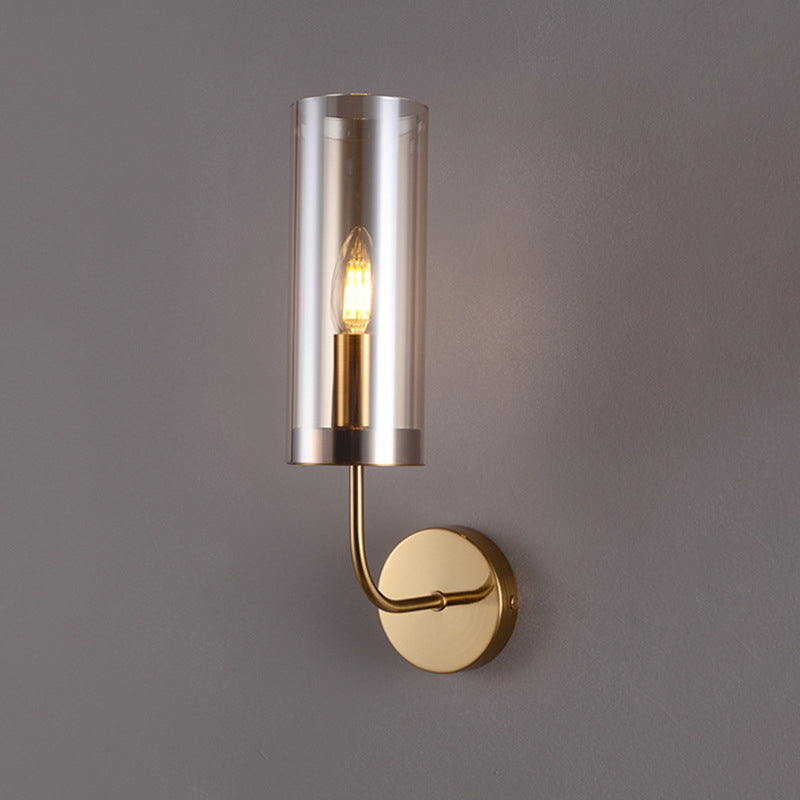 Retro Brass Sconce Wall Mount Lamp With Cylindrical Glass Shade 1/2 Light Fixture For Living Room