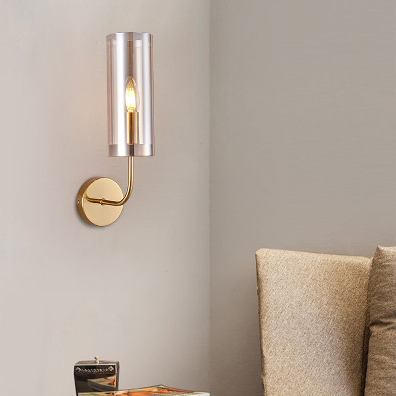 Retro Brass Sconce Wall Mount Lamp With Cylindrical Glass Shade 1/2 Light Fixture For Living Room
