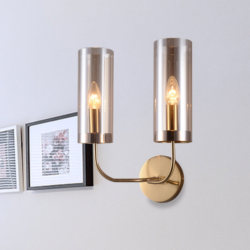 Retro Brass Sconce Wall Mount Lamp With Cylindrical Glass Shade 1/2 Light Fixture For Living Room