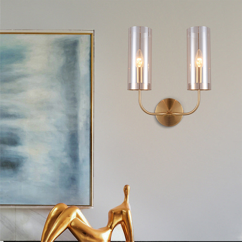 Retro Brass Sconce Wall Mount Lamp With Cylindrical Glass Shade 1/2 Light Fixture For Living Room