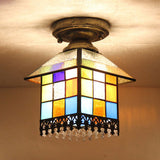 Rustic Lodge Stained Glass Flush Mount Lamp - 1-Head House Lighting In Black/Blue/Brass Clear