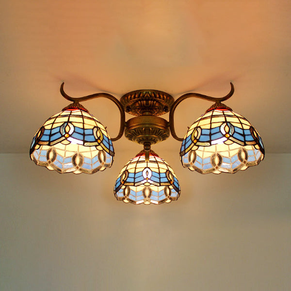 Stunning Tiffany Style Stained Glass Ceiling Light With Victorian Gem & Flower Design - 3 Semi