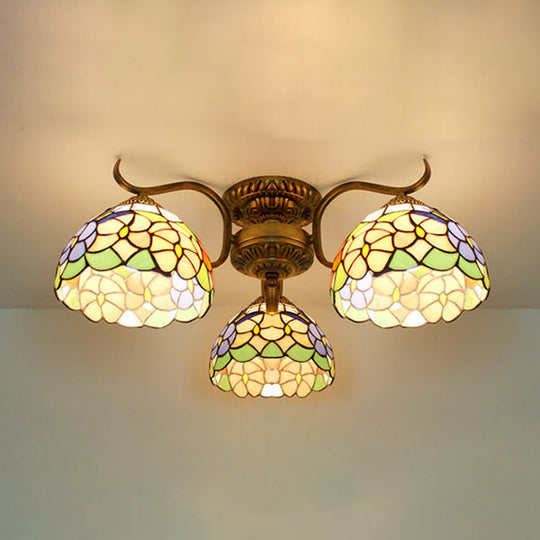 Stunning Tiffany Style Stained Glass Ceiling Light With Victorian Gem & Flower Design - 3 Semi