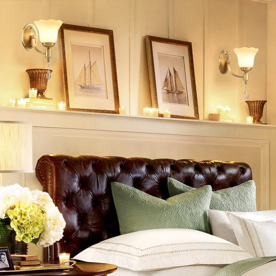 Vintage Brass Finish Wall Sconce With Frosted Glass Shade - Bedroom Mount Lamp