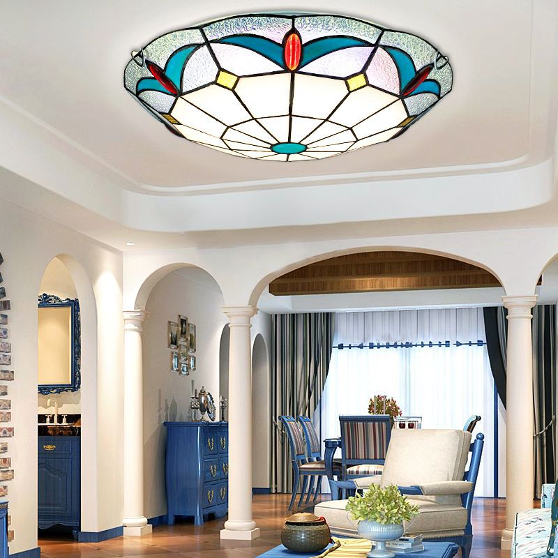 Nautical Stained Glass Flush Mount Ceiling Light In White - 12’/16’ Width For Living Room / 12’