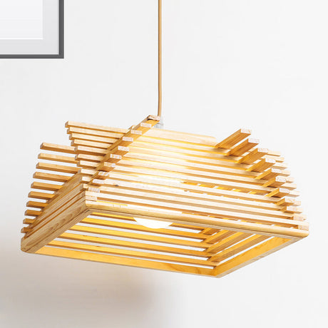 Wooden Shade Modernist Pendant Light Fixture - Beige Tapered Hanging Lamp (1 Bulb) Wood / A