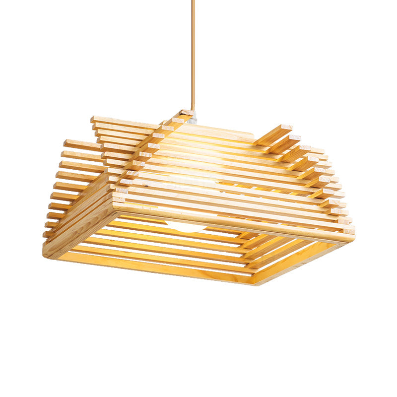 Wooden Shade Modernist Pendant Light Fixture - Beige Tapered Hanging Lamp (1 Bulb)