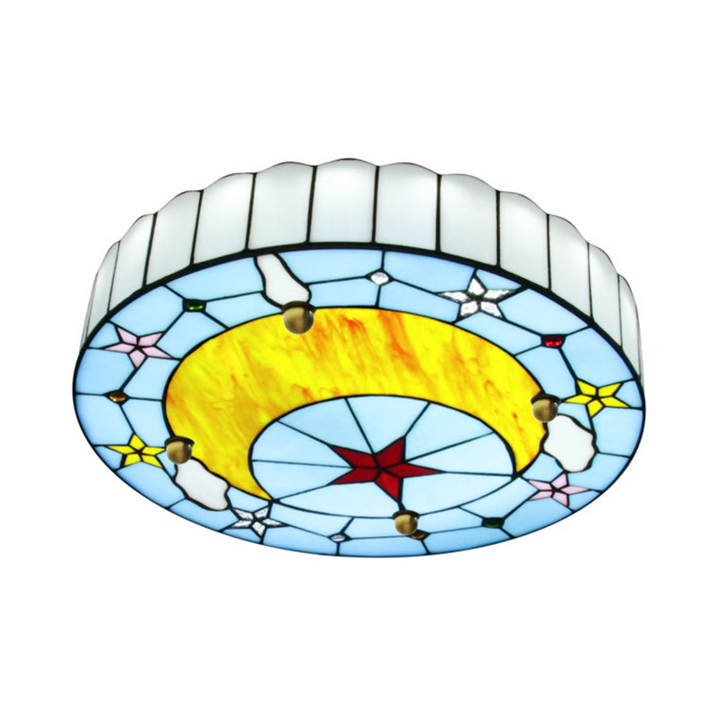 12’/16’ W Moon Flush Ceiling Light: Modern Tiffany Stained Glass Semi Mount In Blue