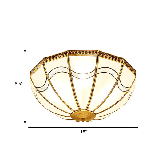 Brass Inverted Flush Ceiling Lamp With Milky Glass 4 Lights And Wave Pattern - Ideal For Bedrooms
