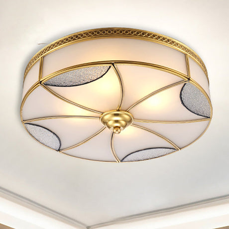 Vintage Brass Flushmount Light With Frosted Glass - 4 Lights Round Ceiling Mount For Living Room