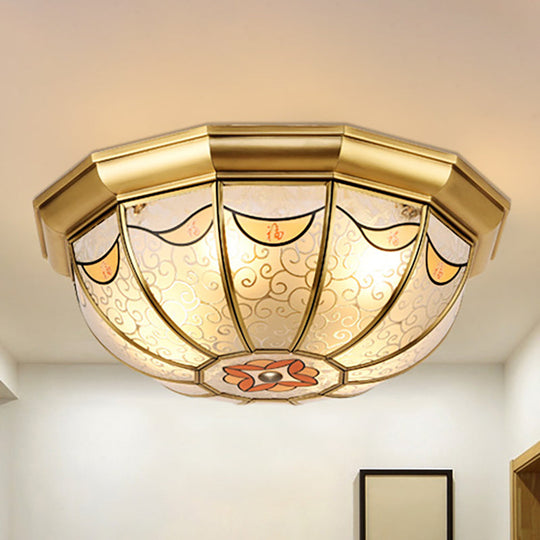 Traditional Brass Domed Shade Flush Ceiling Light With Frosted Glass - 4-Light Mount For Dining