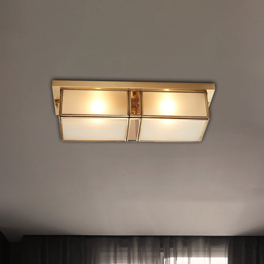 Classic Frosted Glass 4-Light Brass Rectangle Flush Mount Fixture For Living Room