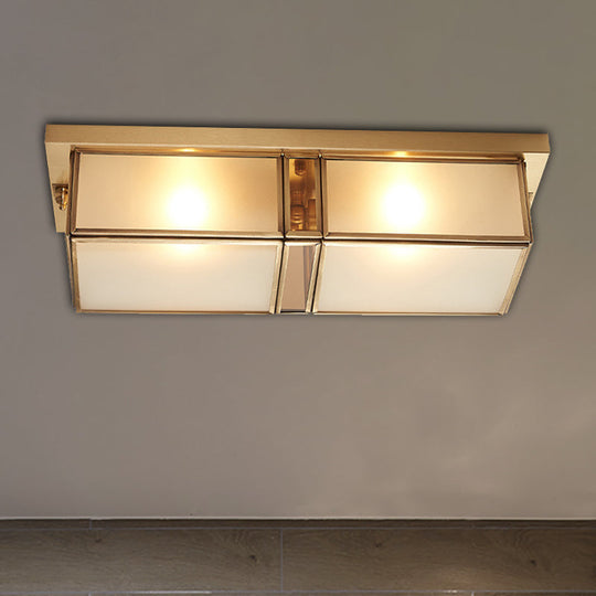 Classic Frosted Glass 4-Light Brass Rectangle Flush Mount Fixture For Living Room