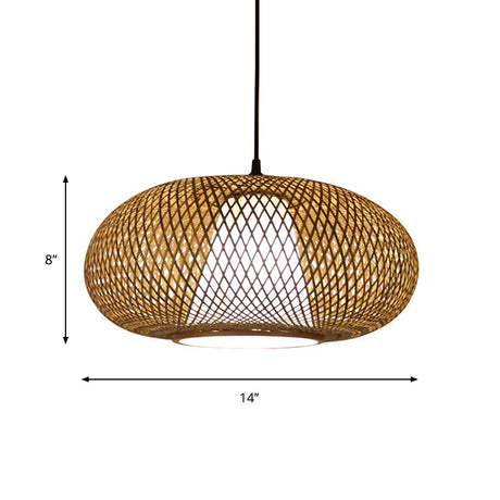 Traditional Bamboo Curved Drum Pendant Light - Wood Hanging Lamp Kit (1 Bulb 12/14/16 Wide)