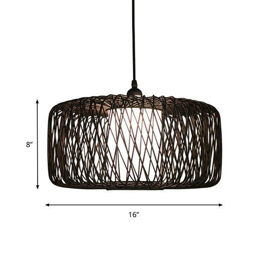 Cylinder Bamboo Suspension Pendant Light Kit - Contemporary Design Black/Wood Finish 1 Bulb