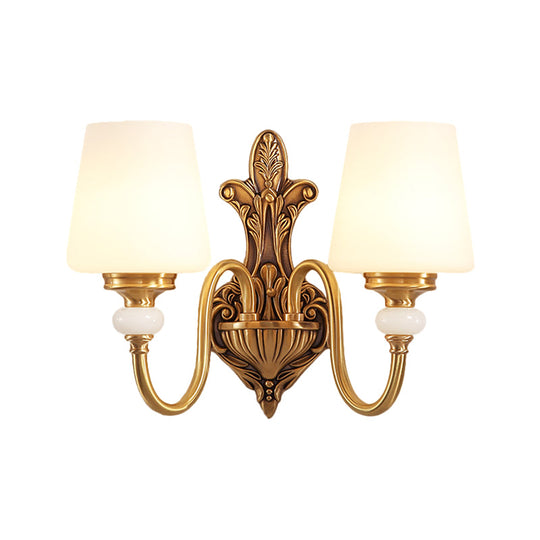 Vintage-Style Opal Glass Tapered Sconce Light With Golden Gooseneck Arm - Bedroom Wall Mount