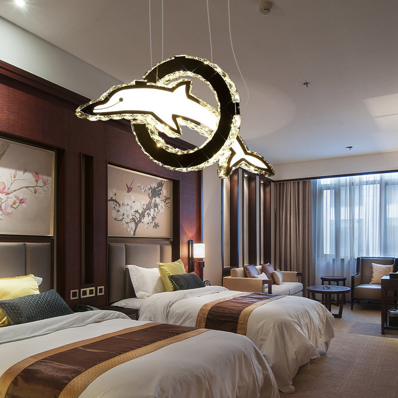 Contemporary Crystal Led Dolphin Chandelier: Chrome Hanging Light In White/Warm/Natural
