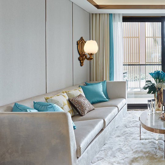 Vintage White Glass Bowl Wall Lamp - Bedroom Sconce Light With Brass Finish