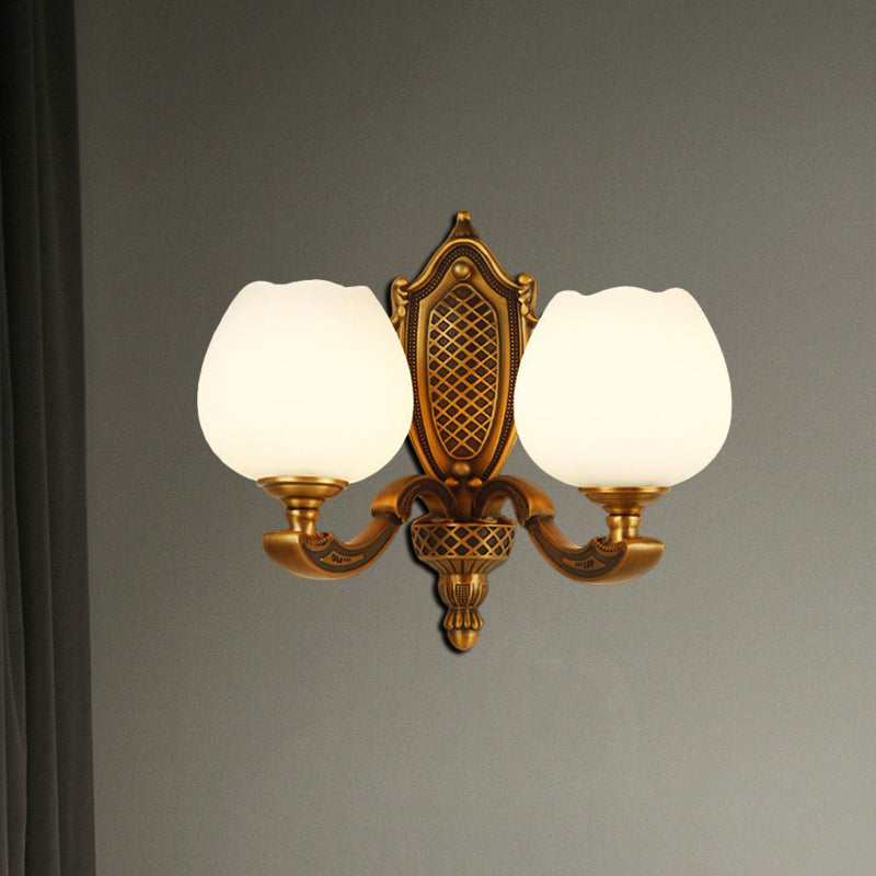 Vintage White Glass Bowl Wall Lamp - Bedroom Sconce Light With Brass Finish