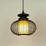 Tradition Bamboo Urn Pendant Lighting Kit For Bedroom - Black/Wood Hanging Lamp 1 Bulb 10/12 Wide