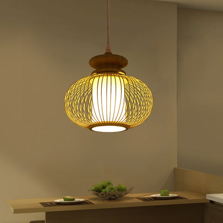 Black/Wood Bamboo Urn Pendant Light Fixture For Bedroom - 10’/12’ Wide