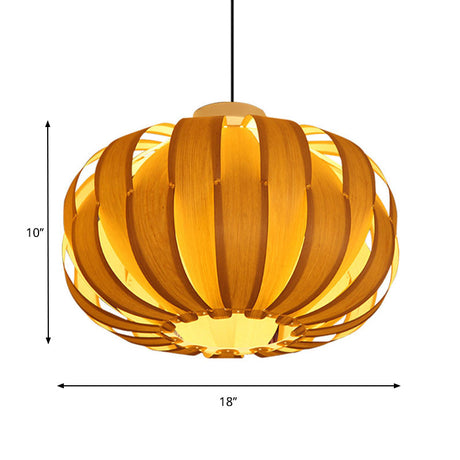 Beige Lantern Pendant Light With Wooden Shade - Modern 1-Bulb Fixture