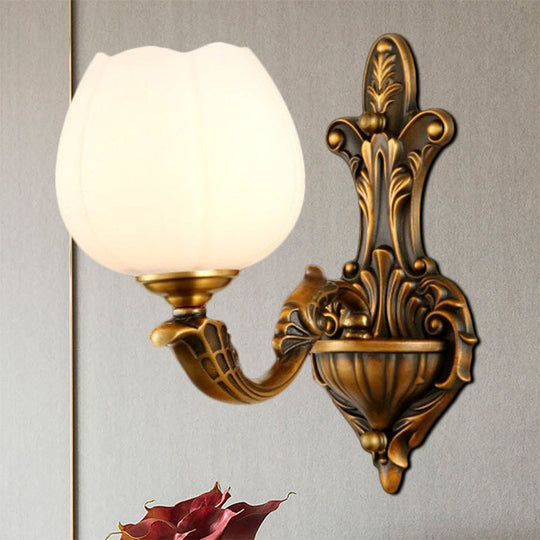 Vintage Antique Brass Wall Sconce With Milky Glass Shade: Stylish 1/2-Light Bowl