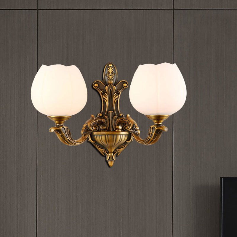 Vintage Antique Brass Wall Sconce With Milky Glass Shade: Stylish 1/2-Light Bowl