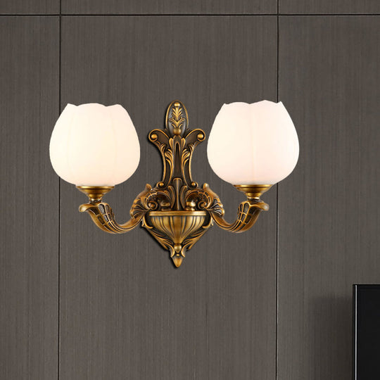 Vintage Antique Brass Wall Sconce With Milky Glass Shade: Stylish 1/2-Light Bowl