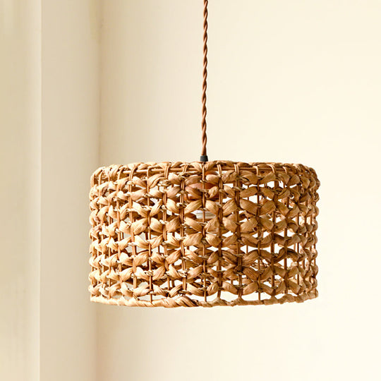Traditionelle braune Rattan-Trommel-Pendelleuchte | Hängelampe mit einer Glühbirne für das Esszimmer