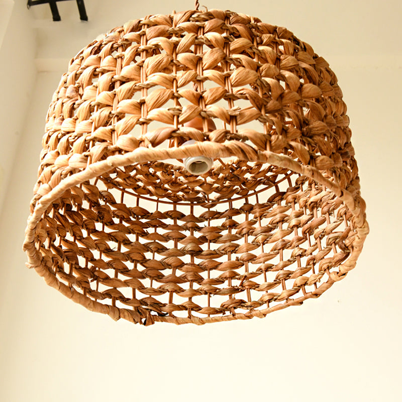 Traditionelle braune Rattan-Trommel-Pendelleuchte | Hängelampe mit einer Glühbirne für das Esszimmer