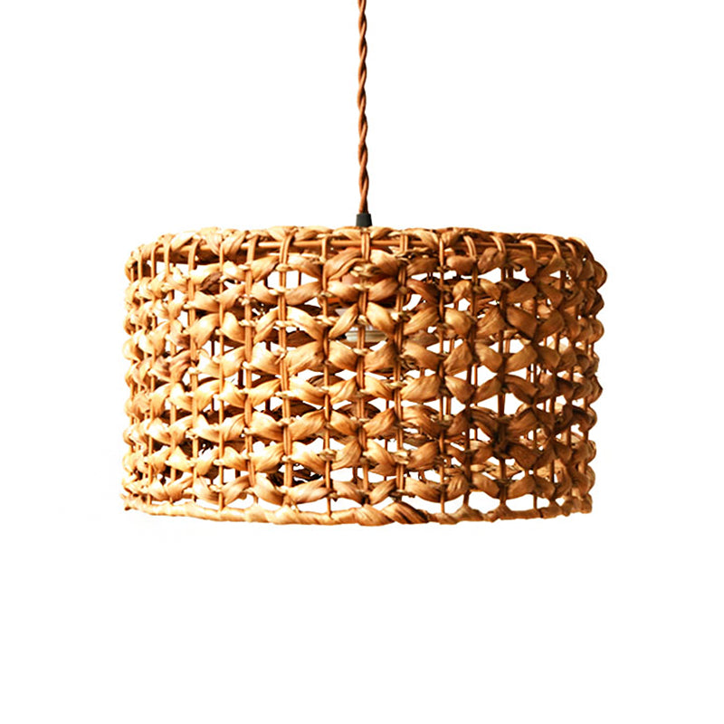 Traditionelle braune Rattan-Trommel-Pendelleuchte | Hängelampe mit einer Glühbirne für das Esszimmer